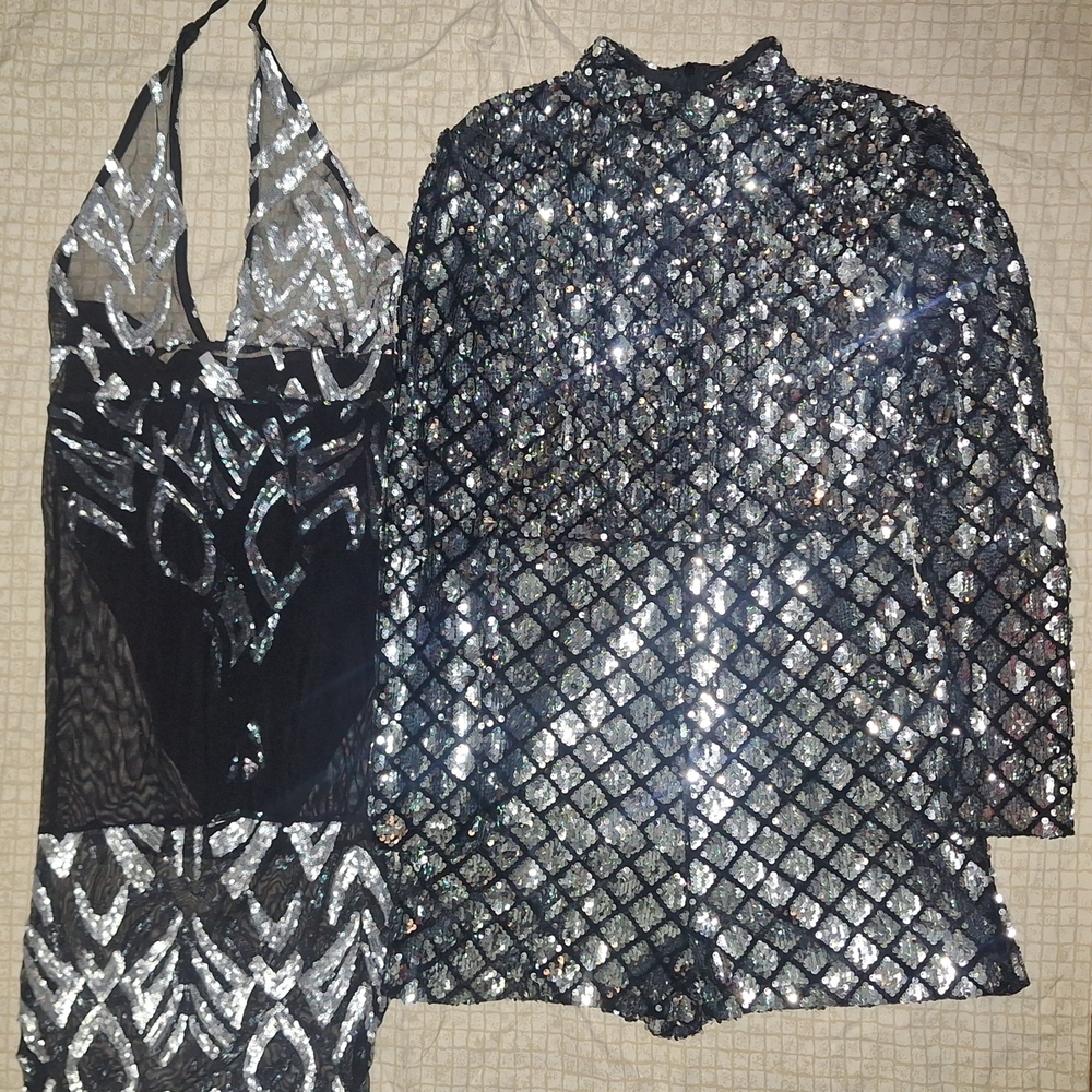 Silver and Black Sequin Dress and Romper Set